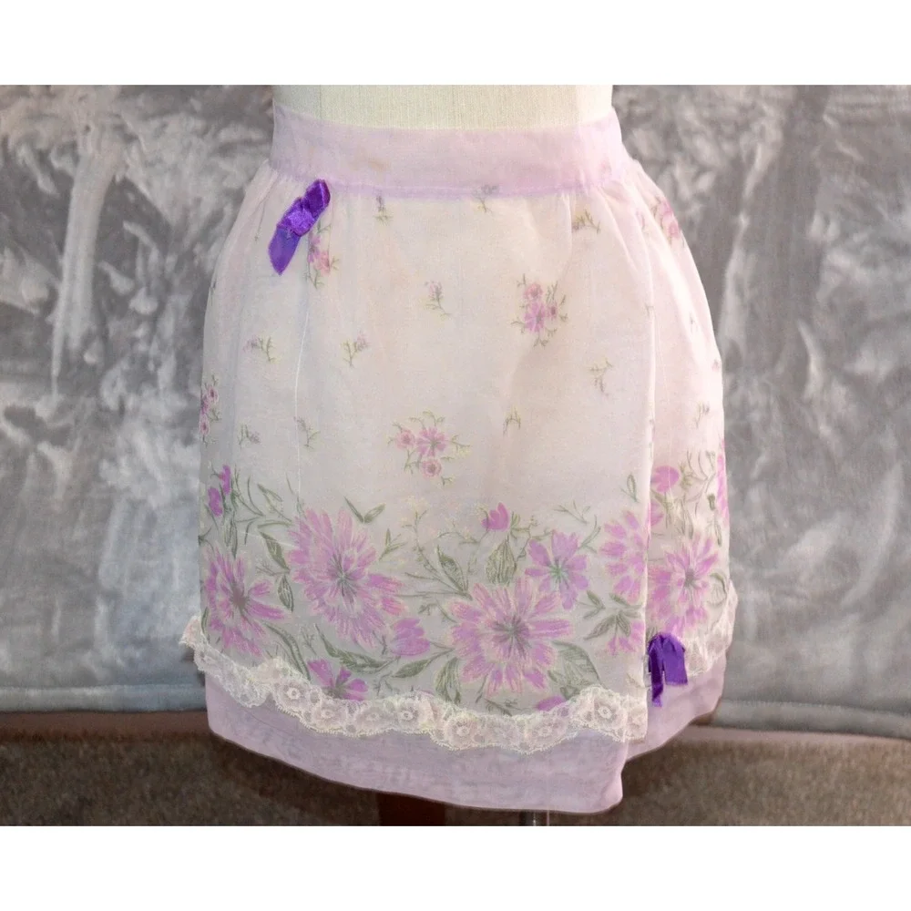 Vintage MCM 60s Half‎ Apron Sheer Purple Floral Pockets Waist Band 17